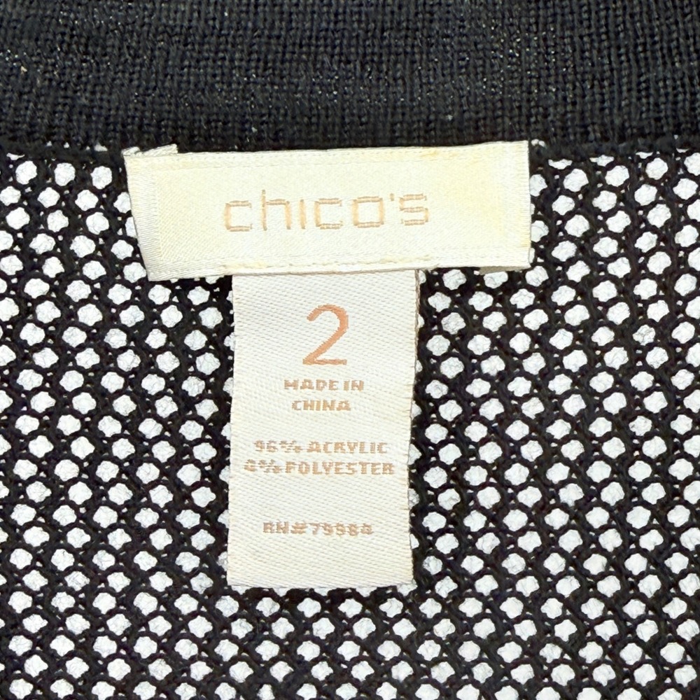 Chicos Black Open Knit Mesh Cardigan Single‎ Snap Button Sz2 - Picture 2 of 10
